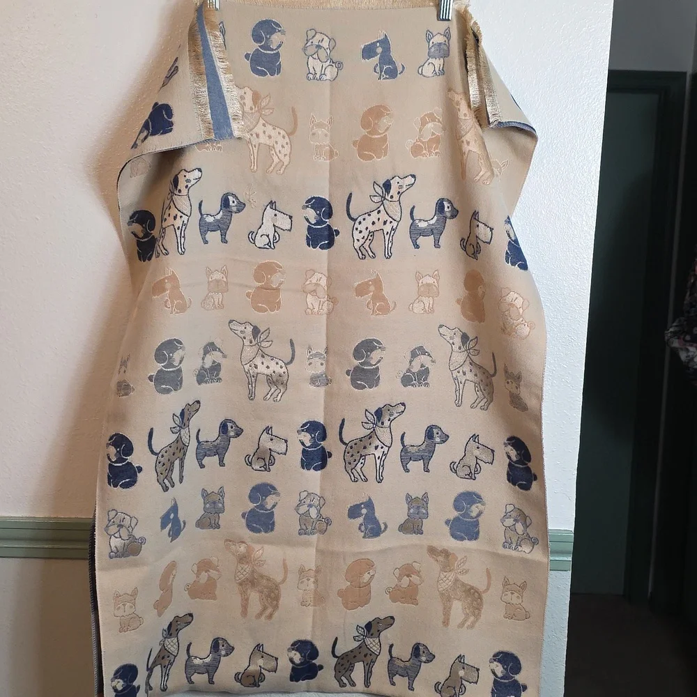 Dog Lover Gift Women's Blue and Tan Embroidered Puppy Print Scarf